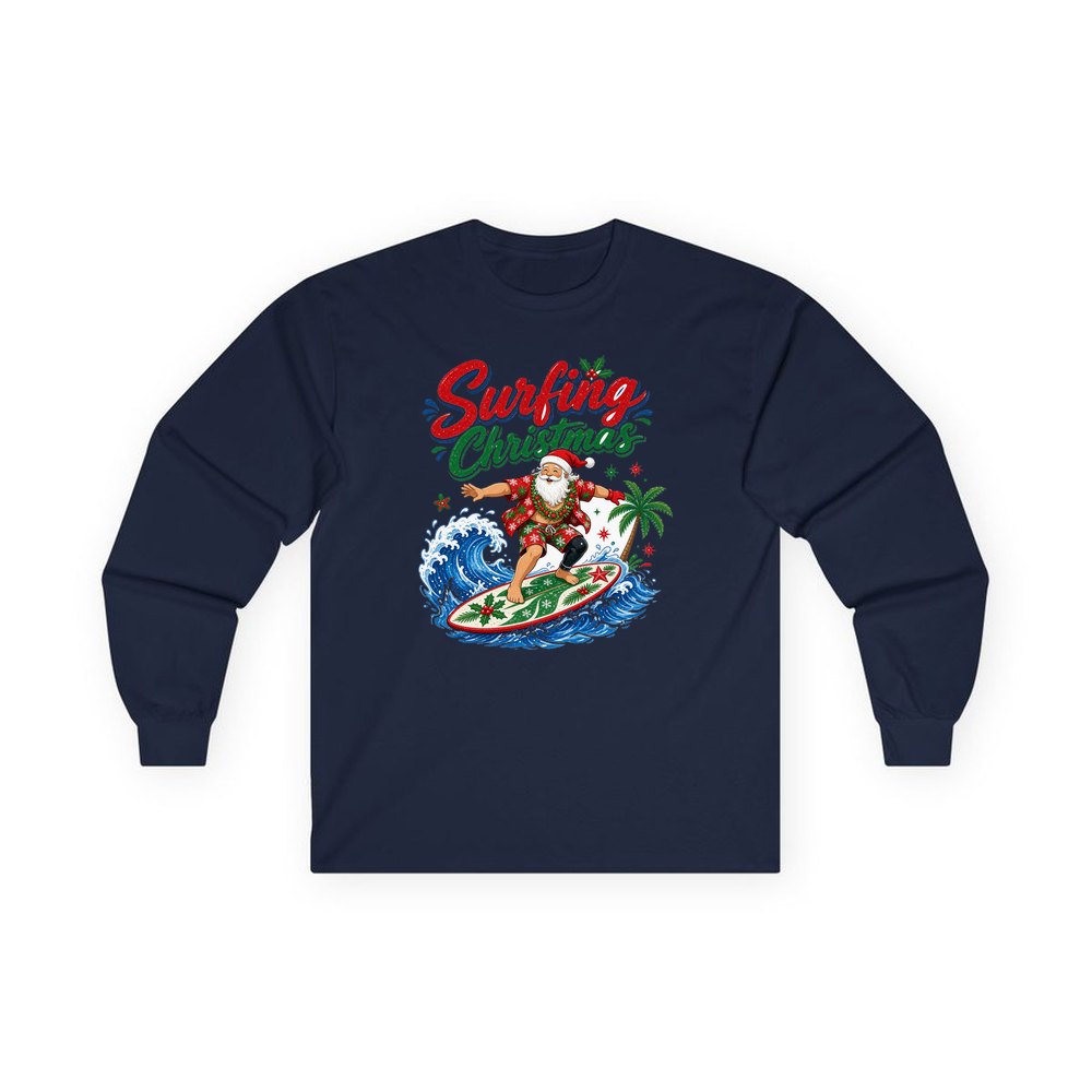 Surfing Santa Big Wave personalised long sleeve Christmas T-shirt in navy