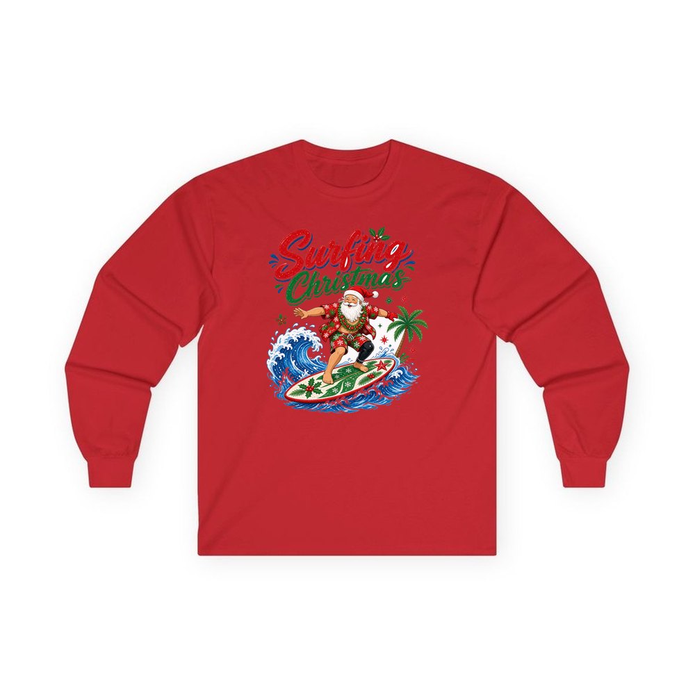 Surfing Santa Big Wave personalised long sleeve Christmas T-shirt in red