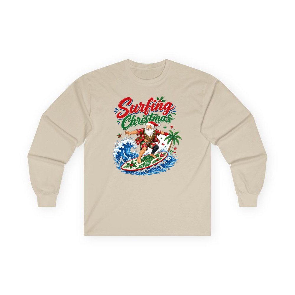 Surfing Santa Big Wave personalised long sleeve Christmas T-shirt in sand