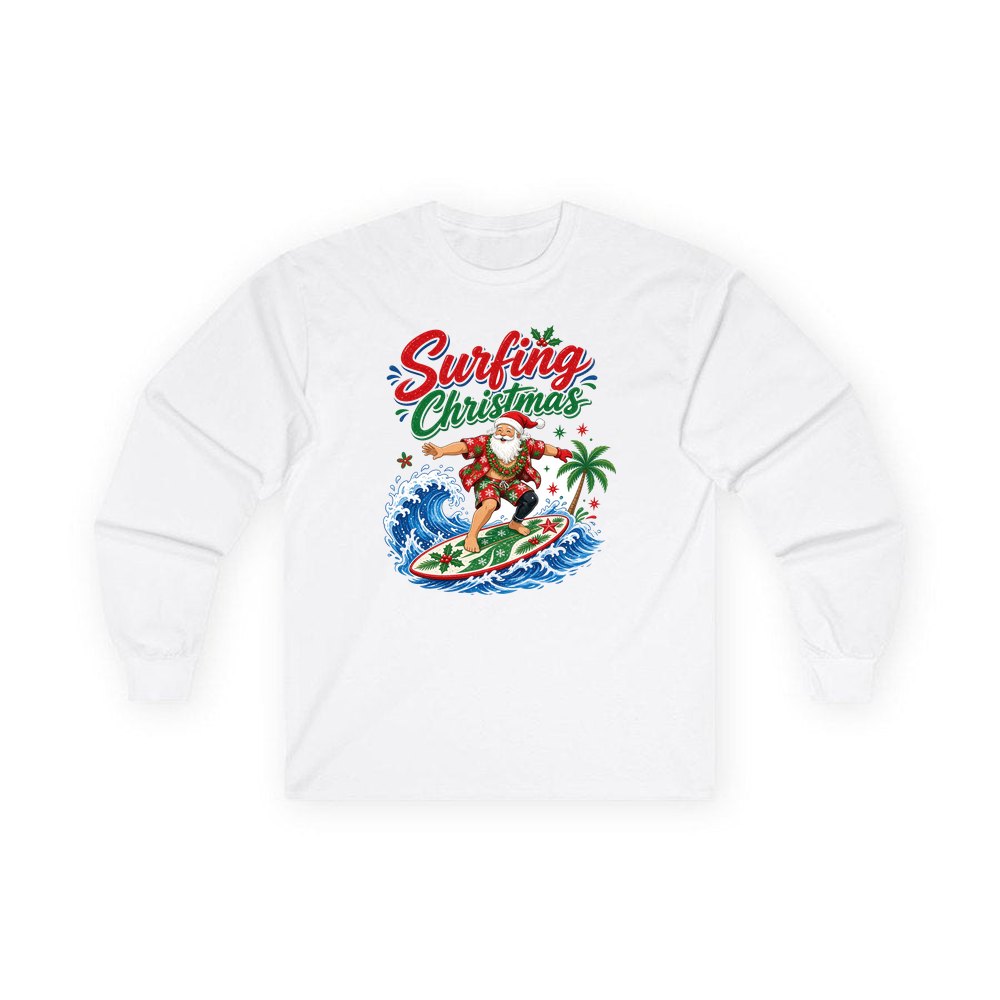 Surfing Santa Big Wave personalised long sleeve Christmas T-shirt in white