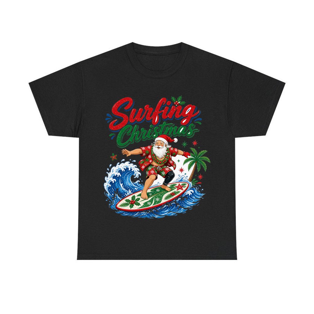 Surfing Santa Big Wave personalised Christmas T-shirt in black