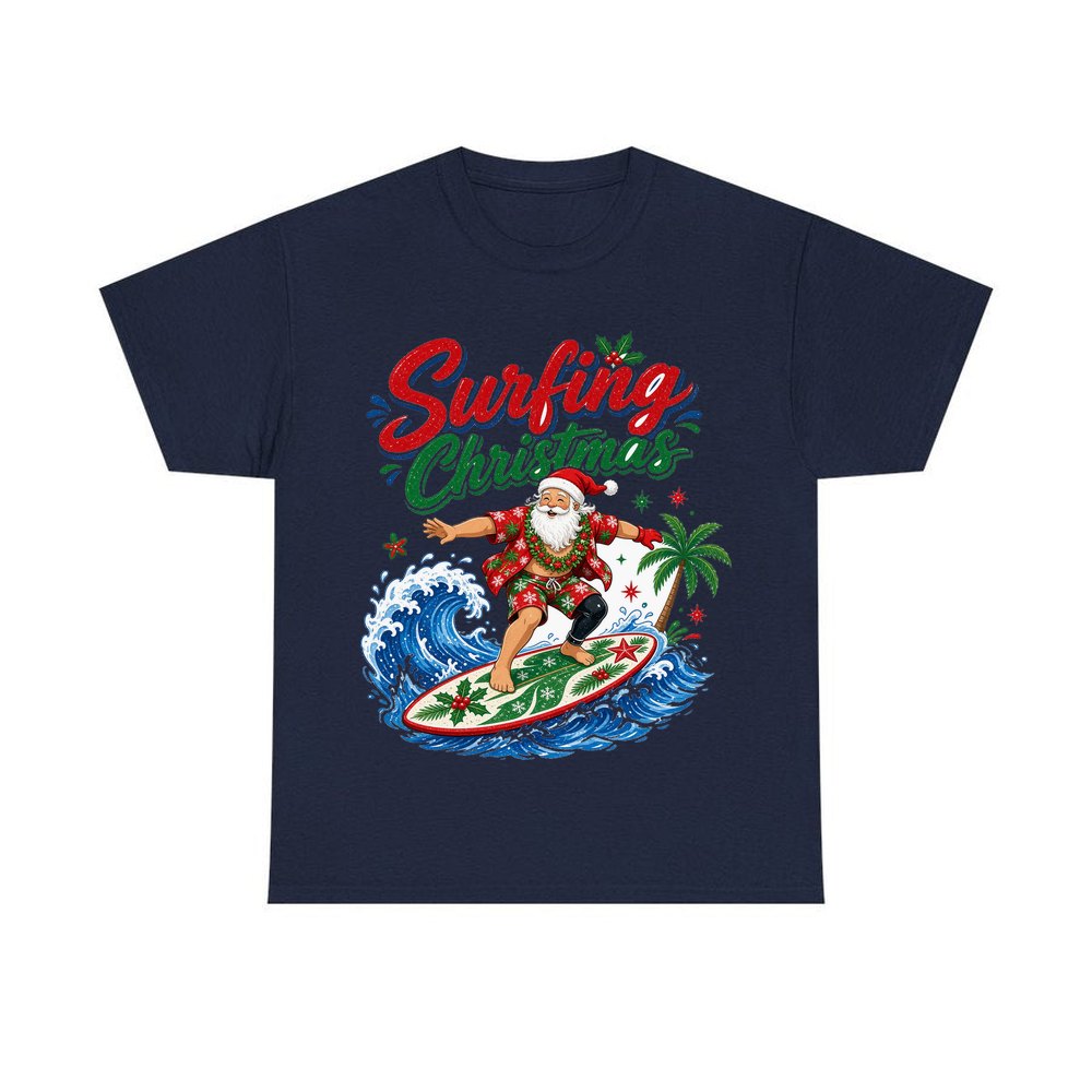 Surfing Santa Big Wave personalised Christmas T-shirt in navy