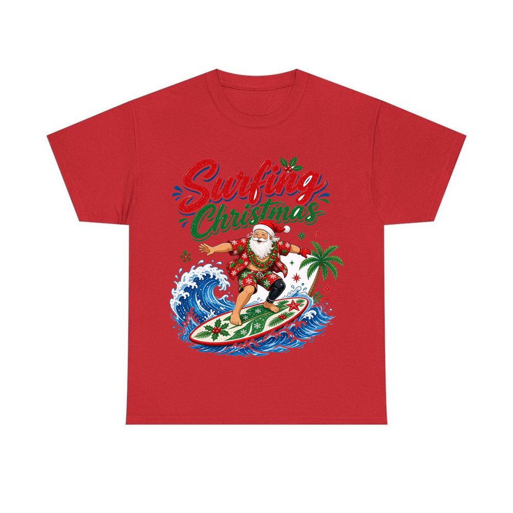 Surfing Santa Big Wave personalised Christmas T-shirt in red