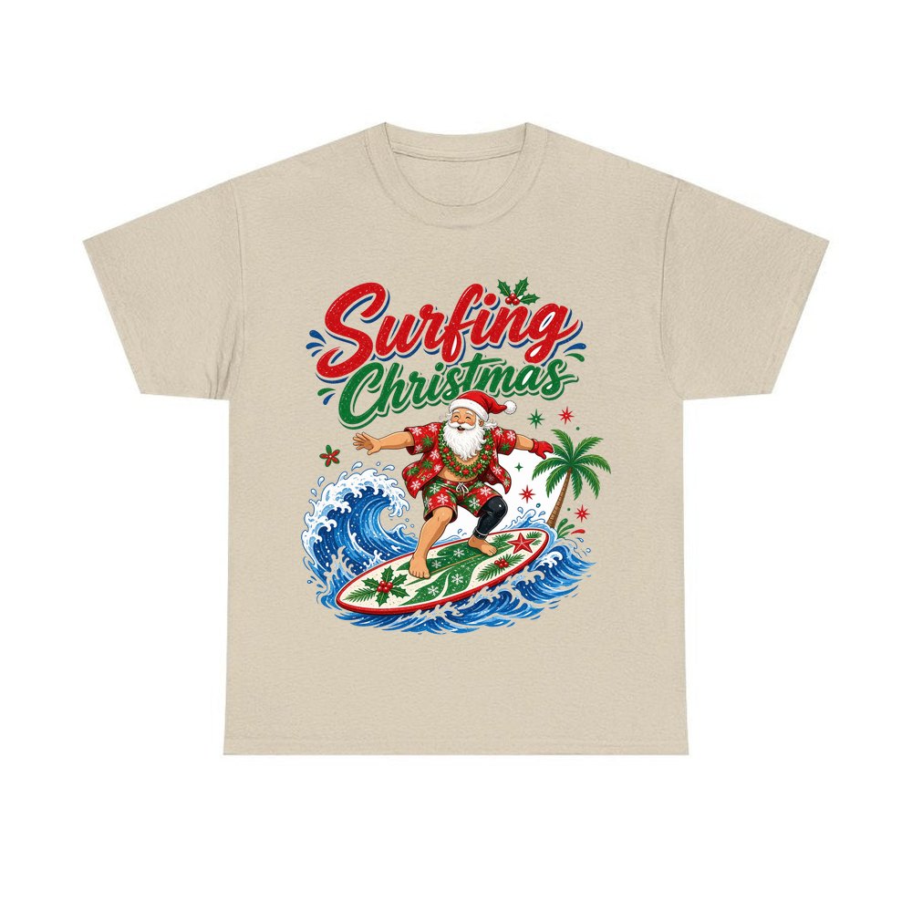 Surfing Santa Big Wave personalised Christmas T-shirt in sand