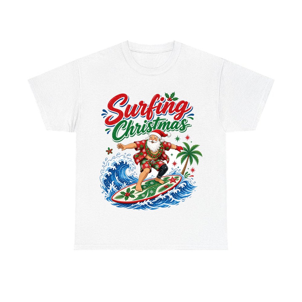 Surfing Santa Big Wave personalised Christmas T-shirt in white