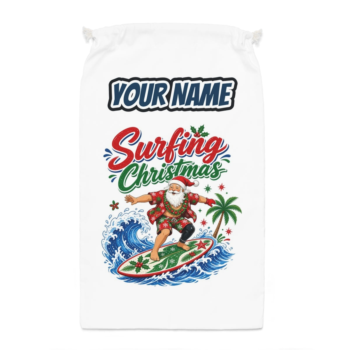 Surfing Santa Big Wave Santa sack laid flat, showing the full print