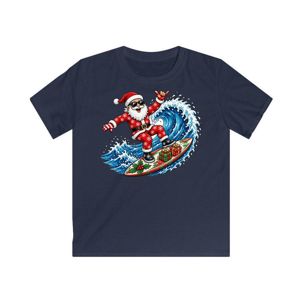 Surfing Santa Hang Loose personalised kids Christmas tee in navy
