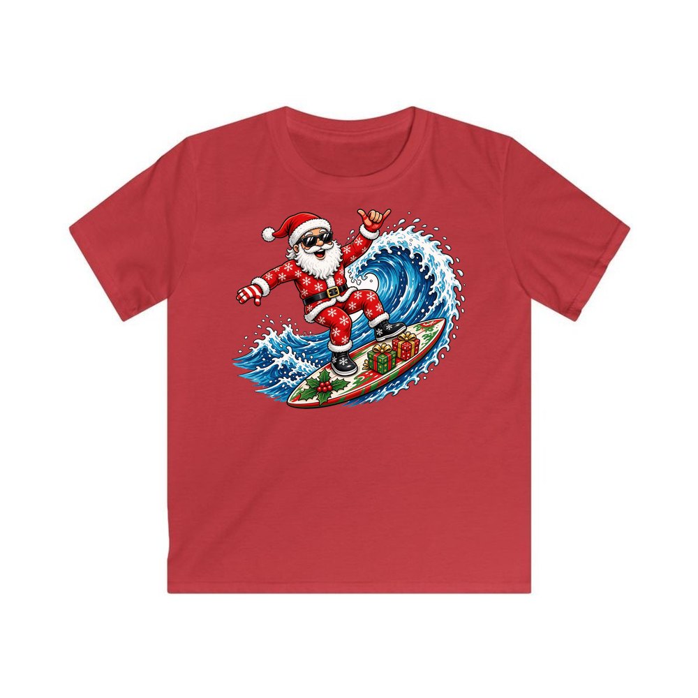 Surfing Santa Hang Loose personalised kids Christmas tee in red
