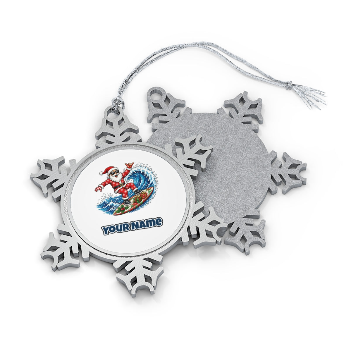 Surfing Santa Hang Loose personalised pewter snowflake Christmas ornament, front and back, with a name under the design