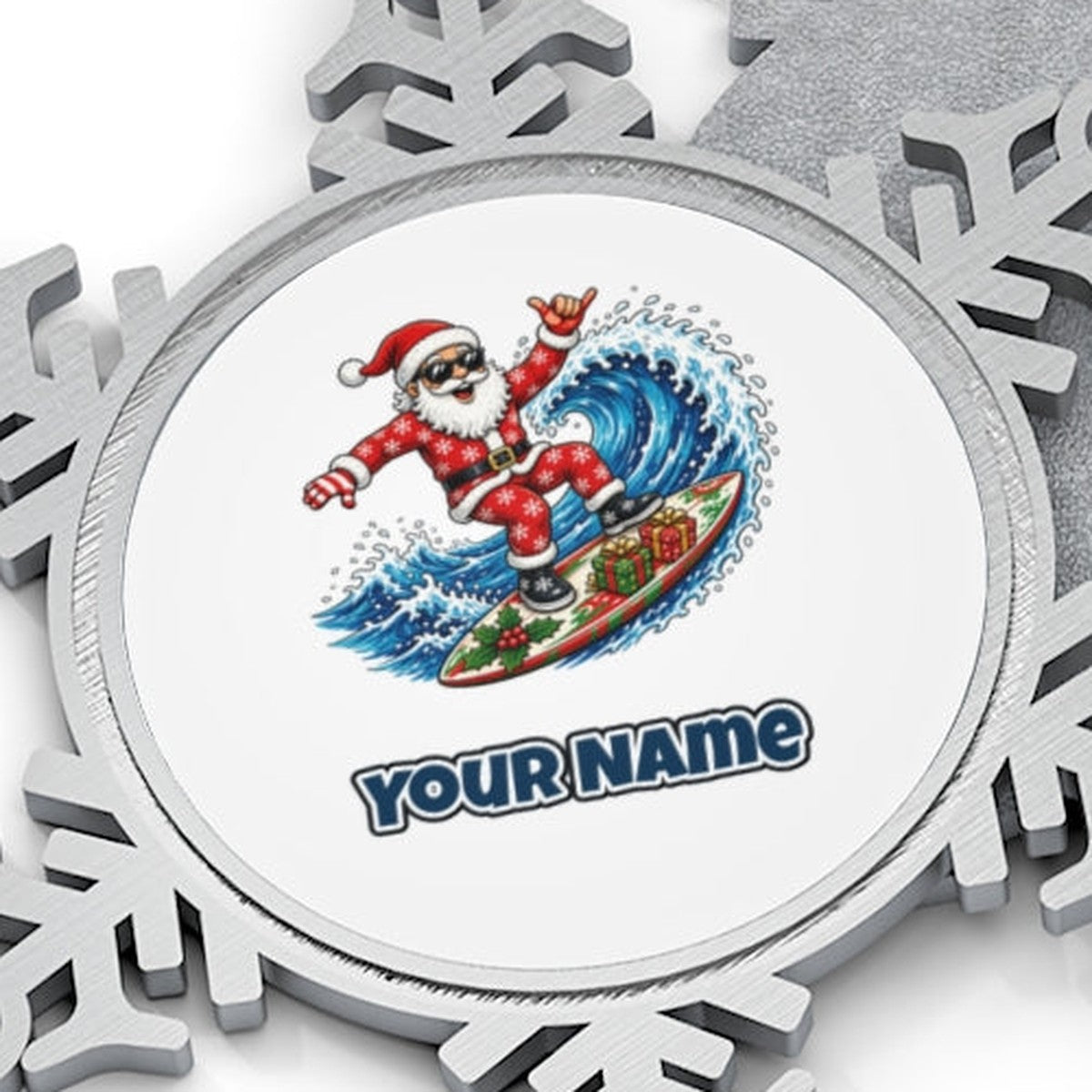 Surfing Santa Hang Loose Personalised Pewter Christmas Ornament