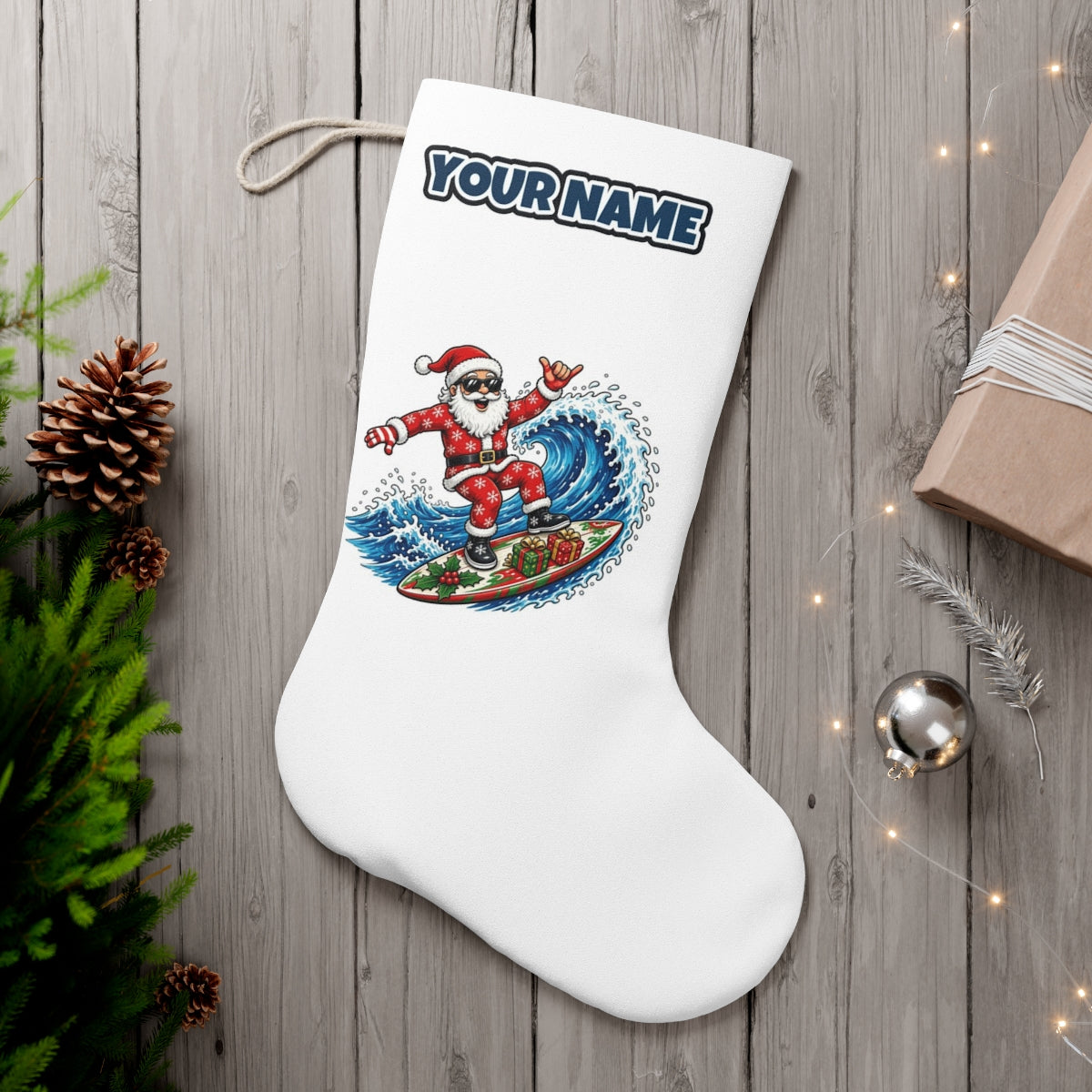 Surfing Santa Hang Loose personalised Christmas stocking, white, with the name across the top