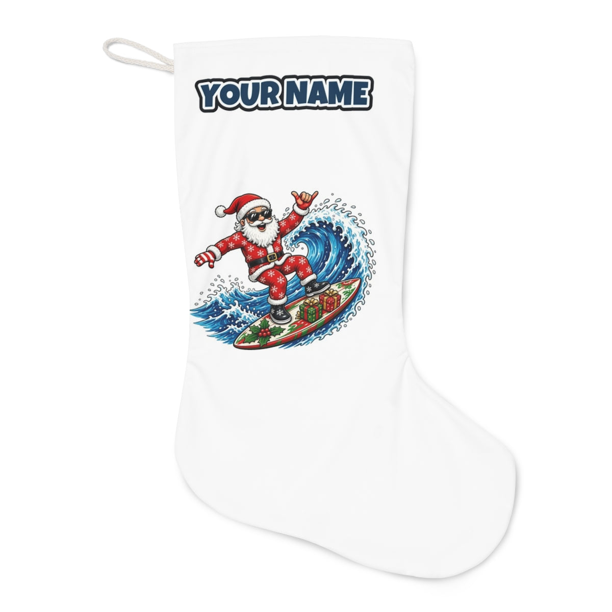 Surfing Santa Hang Loose Christmas stocking laid flat, showing the full print