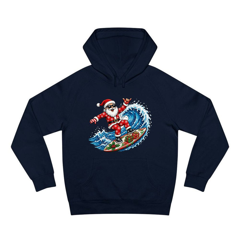 Surfing Santa Hang Loose personalised Christmas hoodie in navy