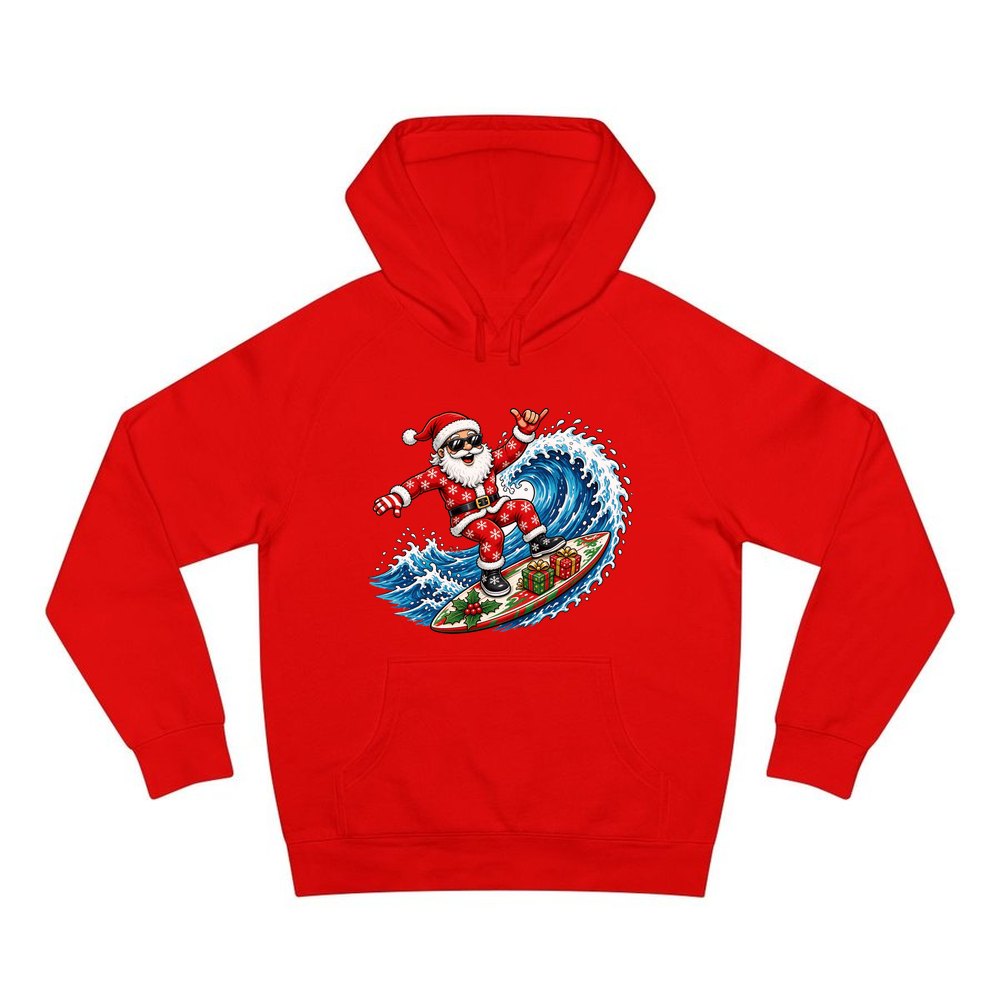 Surfing Santa Hang Loose personalised Christmas hoodie in red