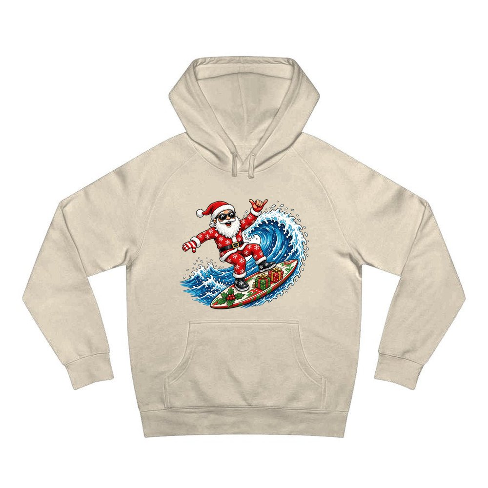Surfing Santa Hang Loose personalised Christmas hoodie in sand