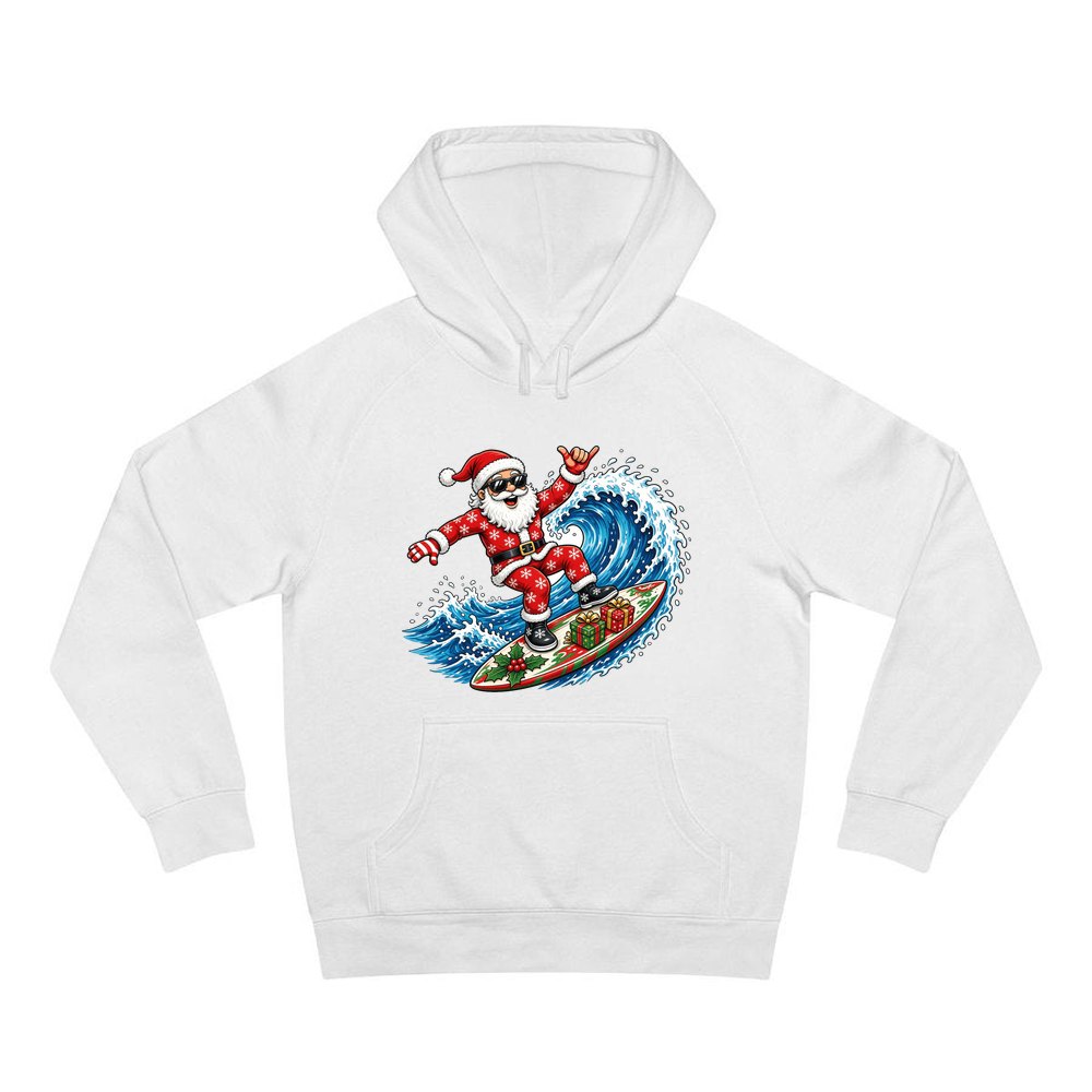 Surfing Santa Hang Loose personalised Christmas hoodie in white
