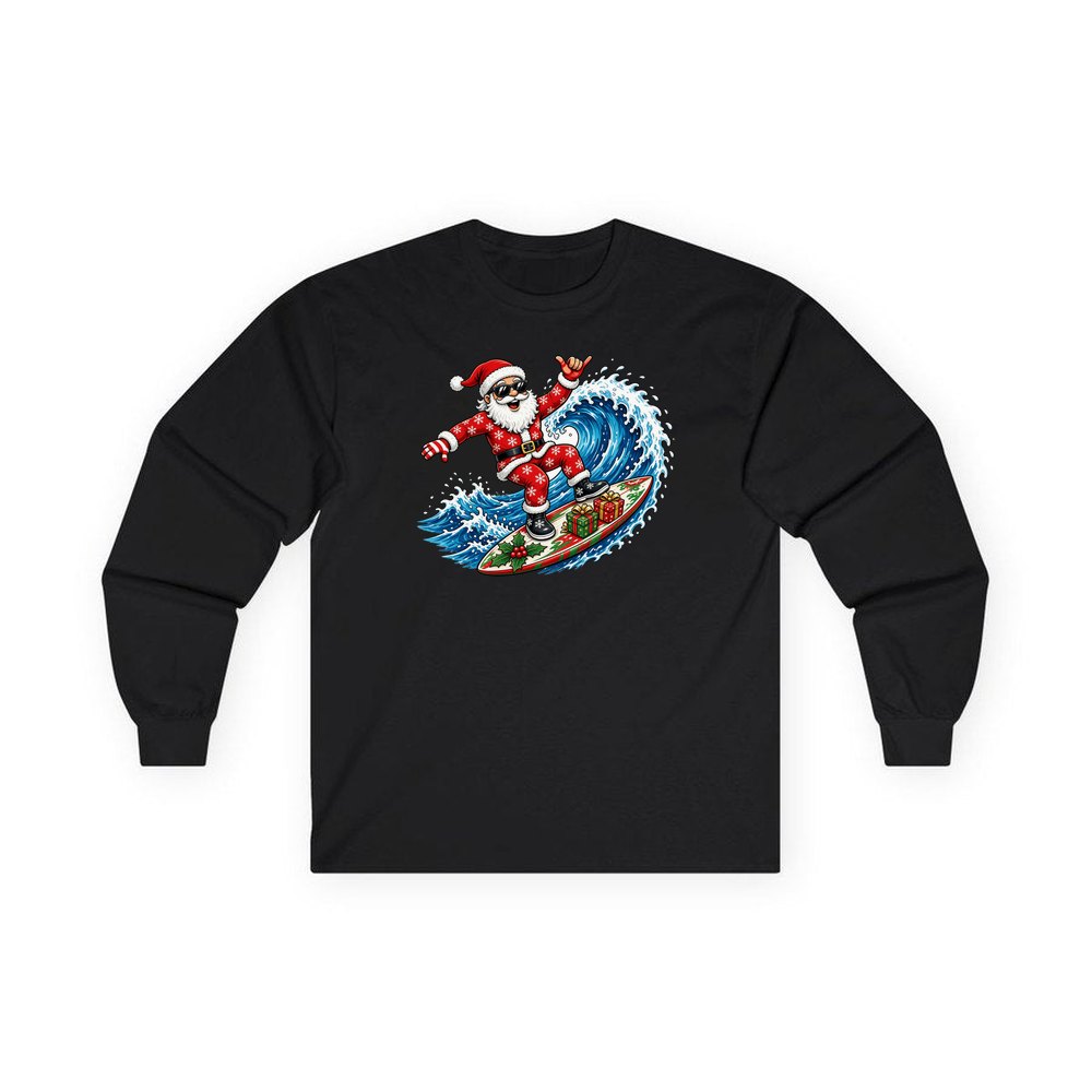 Surfing Santa Hang Loose personalised long sleeve Christmas T-shirt in black