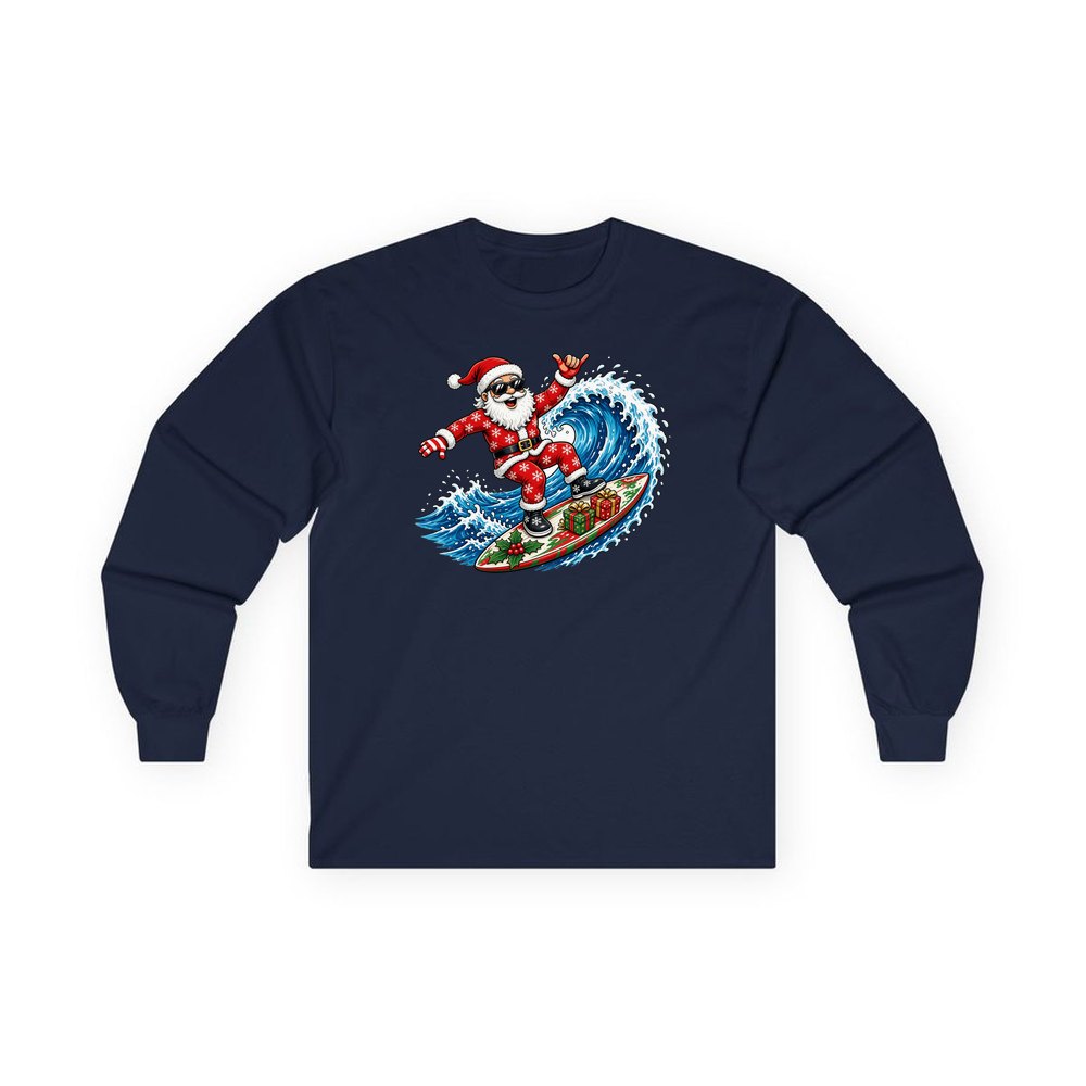 Surfing Santa Hang Loose personalised long sleeve Christmas T-shirt in navy