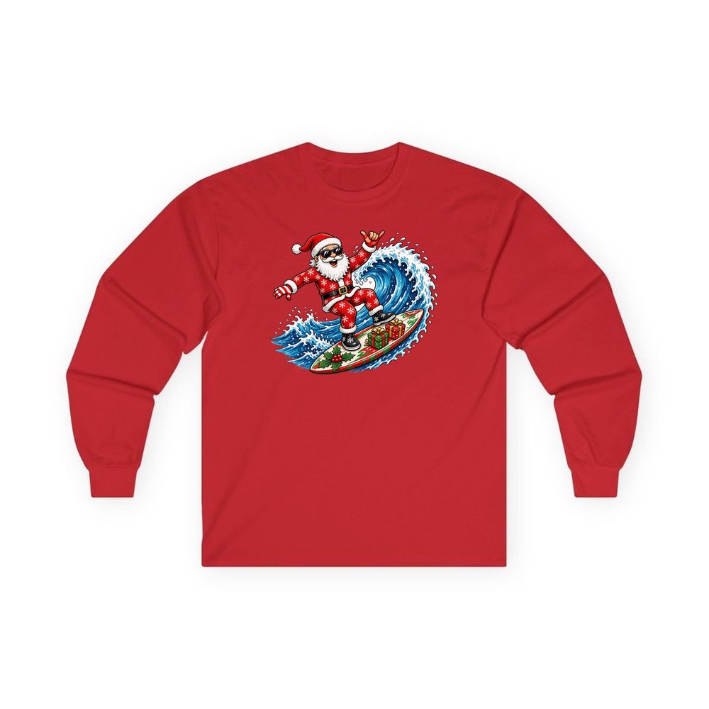 Surfing Santa Hang Loose personalised long sleeve Christmas T-shirt in red