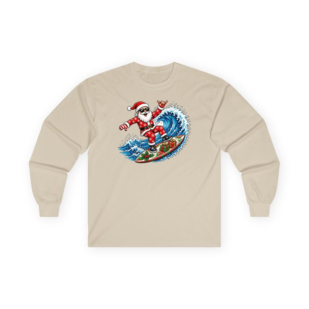 Surfing Santa Hang Loose personalised long sleeve Christmas T-shirt in sand