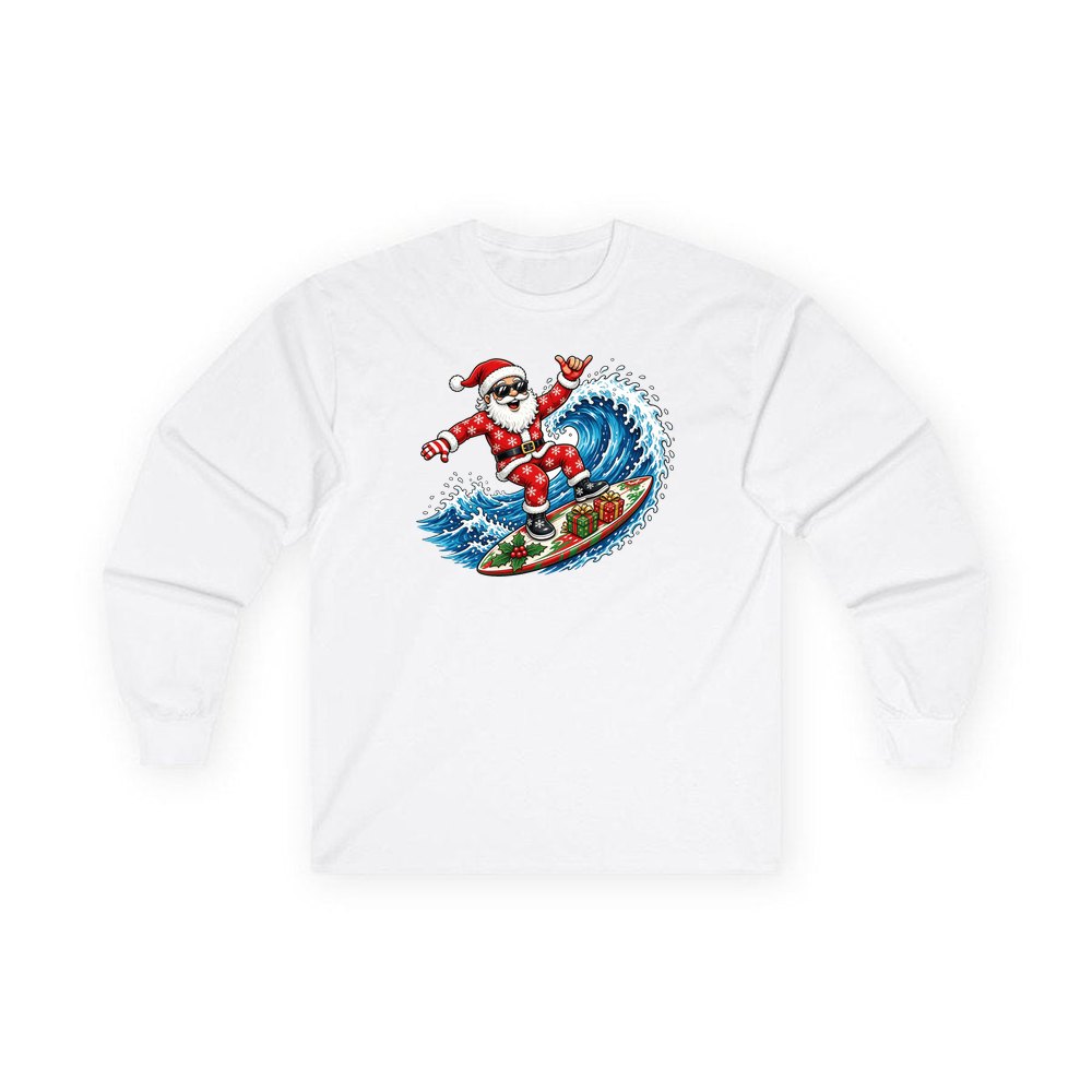 Surfing Santa Hang Loose personalised long sleeve Christmas T-shirt in white