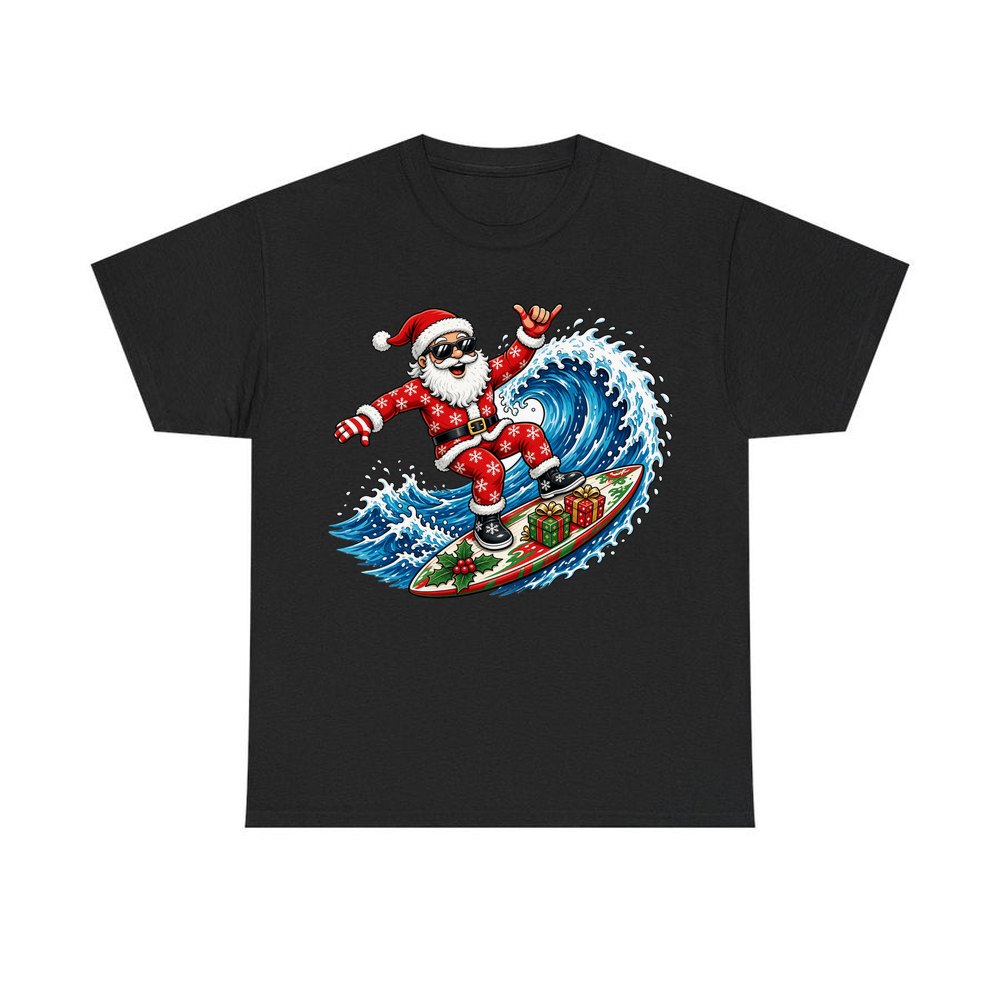 Surfing Santa Hang Loose personalised Christmas T-shirt in black