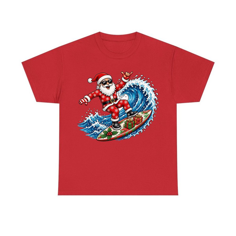 Surfing Santa Hang Loose personalised Christmas T-shirt in red
