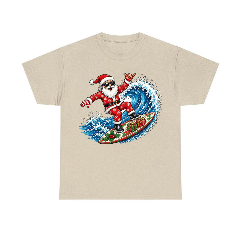 Surfing Santa Hang Loose personalised Christmas T-shirt in sand