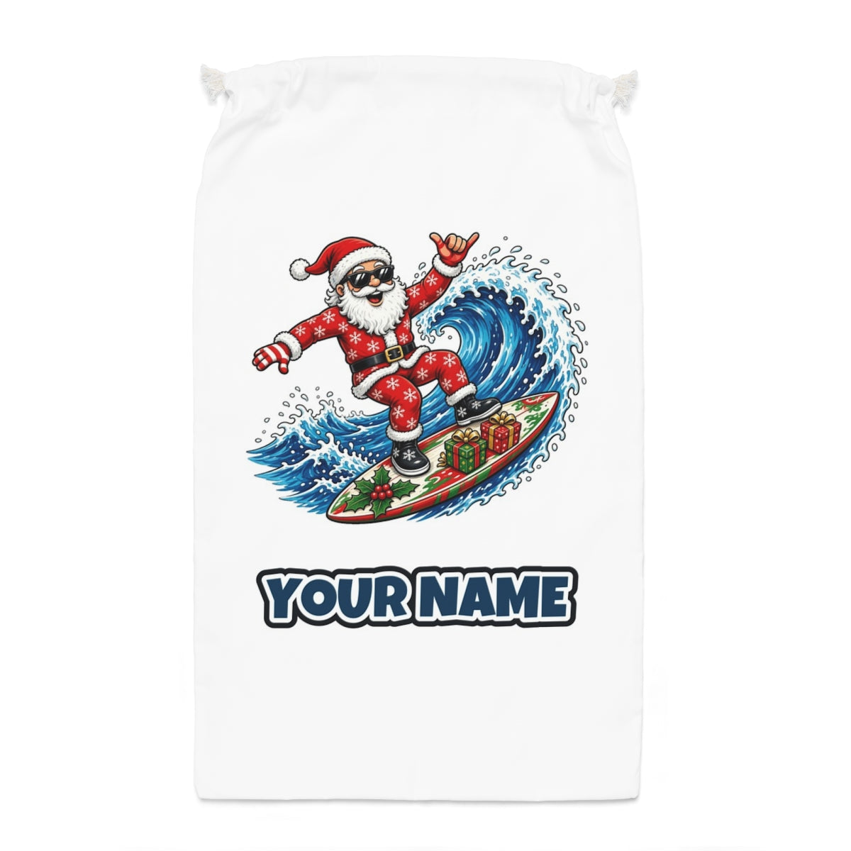 Surfing Santa Hang Loose Santa sack laid flat, showing the full print