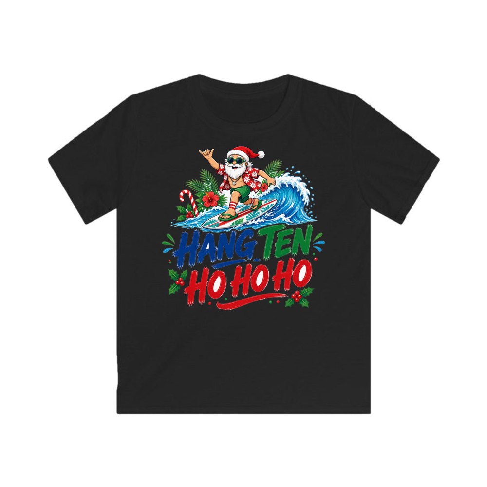 Surfing Santa Ho Ho Ho personalised kids Christmas tee in black