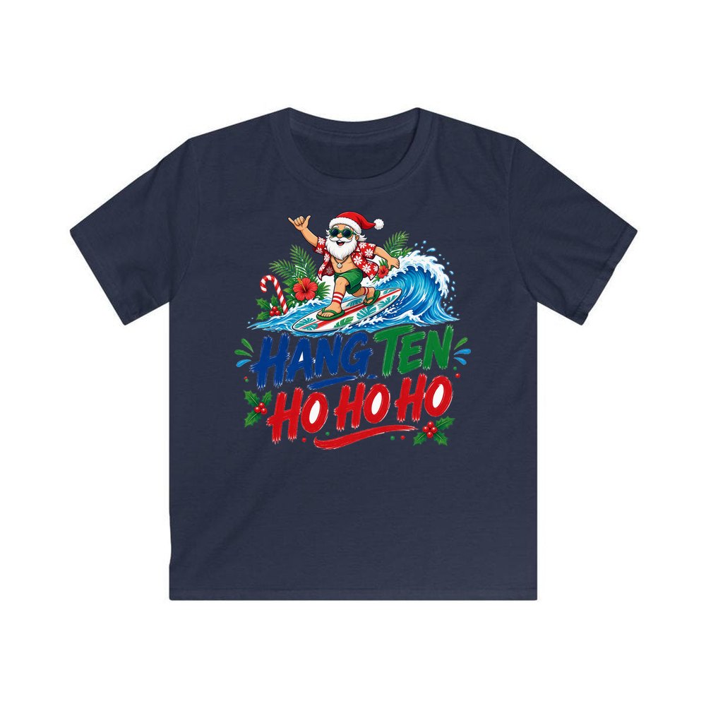 Surfing Santa Ho Ho Ho personalised kids Christmas tee in navy