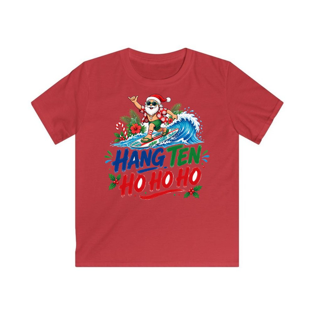 Surfing Santa Ho Ho Ho personalised kids Christmas tee in red