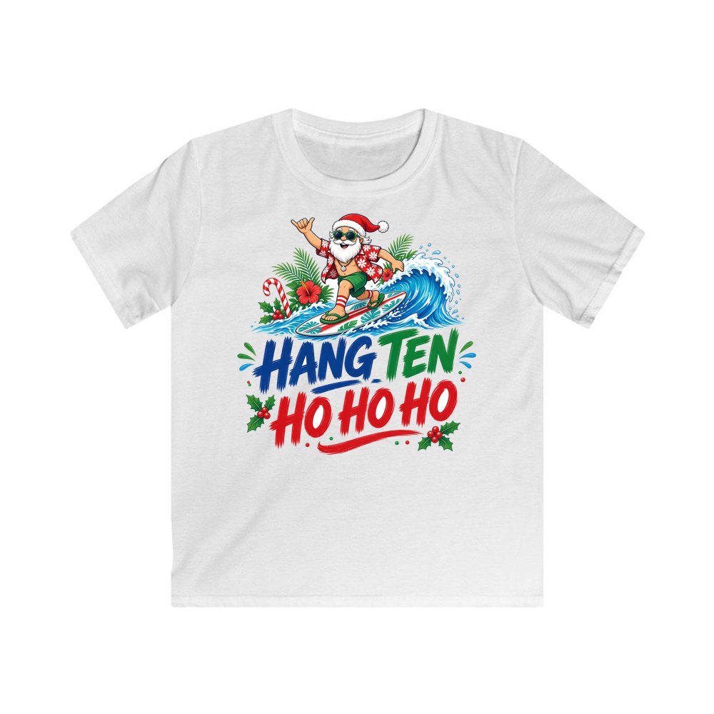 Surfing Santa Ho Ho Ho personalised kids Christmas tee in white