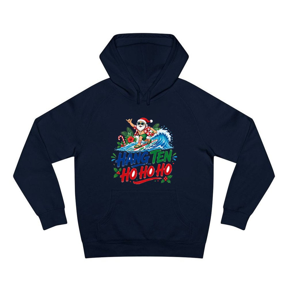 Surfing Santa Ho Ho Ho personalised Christmas hoodie in navy