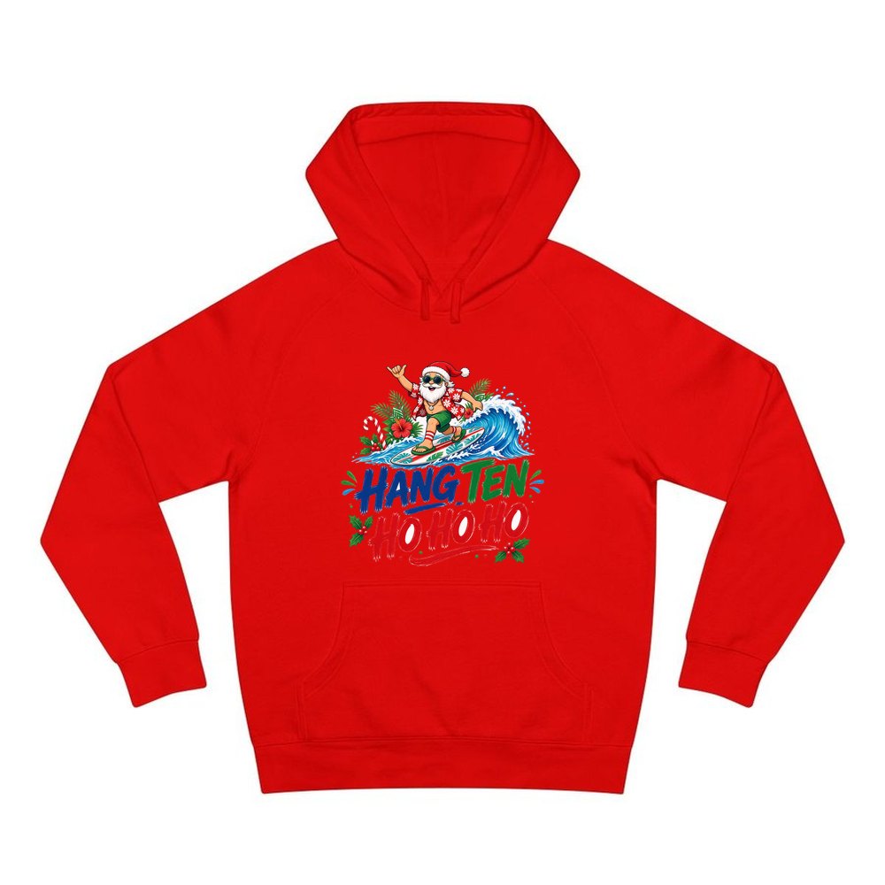 Surfing Santa Ho Ho Ho personalised Christmas hoodie in red