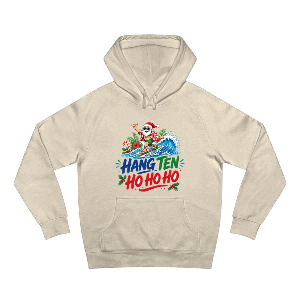 Surfing Santa Ho Ho Ho personalised Christmas hoodie in sand