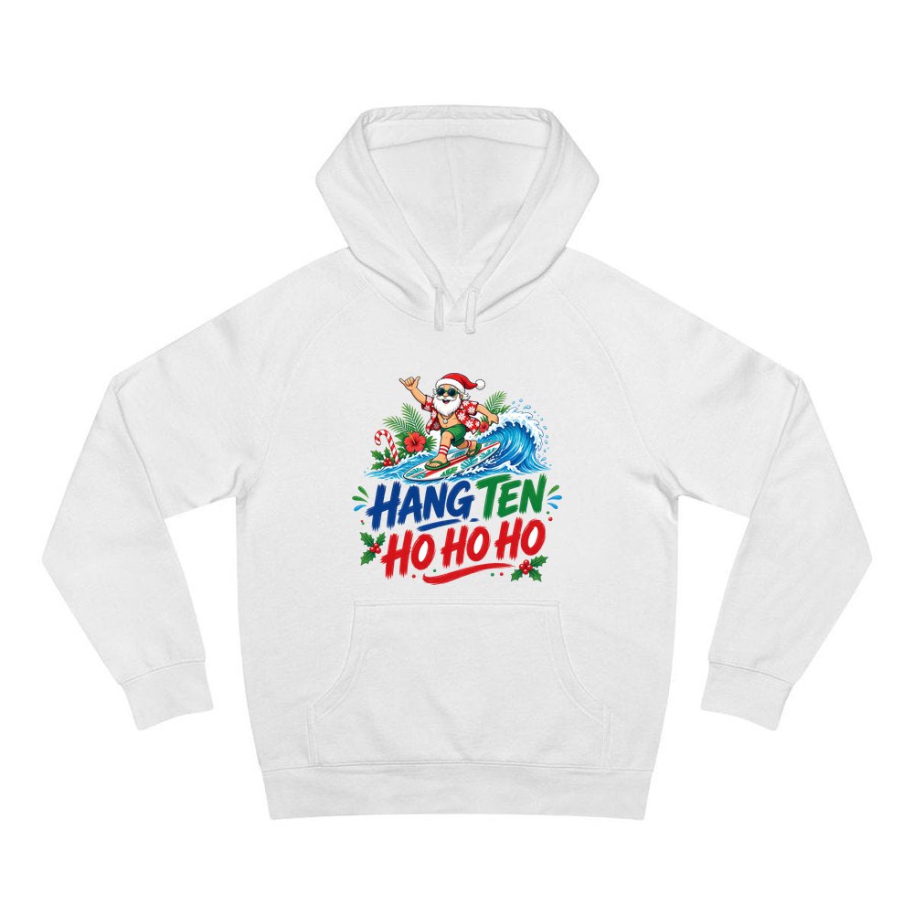 Surfing Santa Ho Ho Ho personalised Christmas hoodie in white