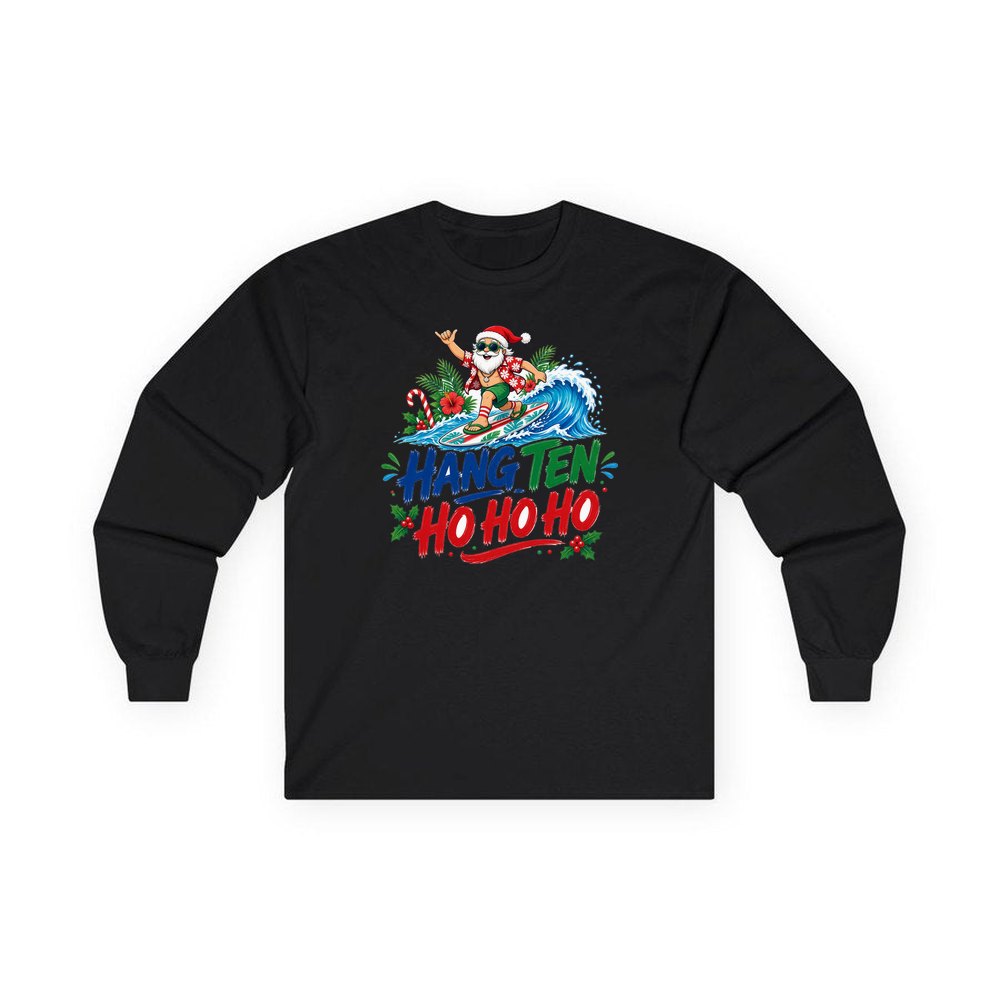 Surfing Santa Ho Ho Ho personalised long sleeve Christmas T-shirt in black