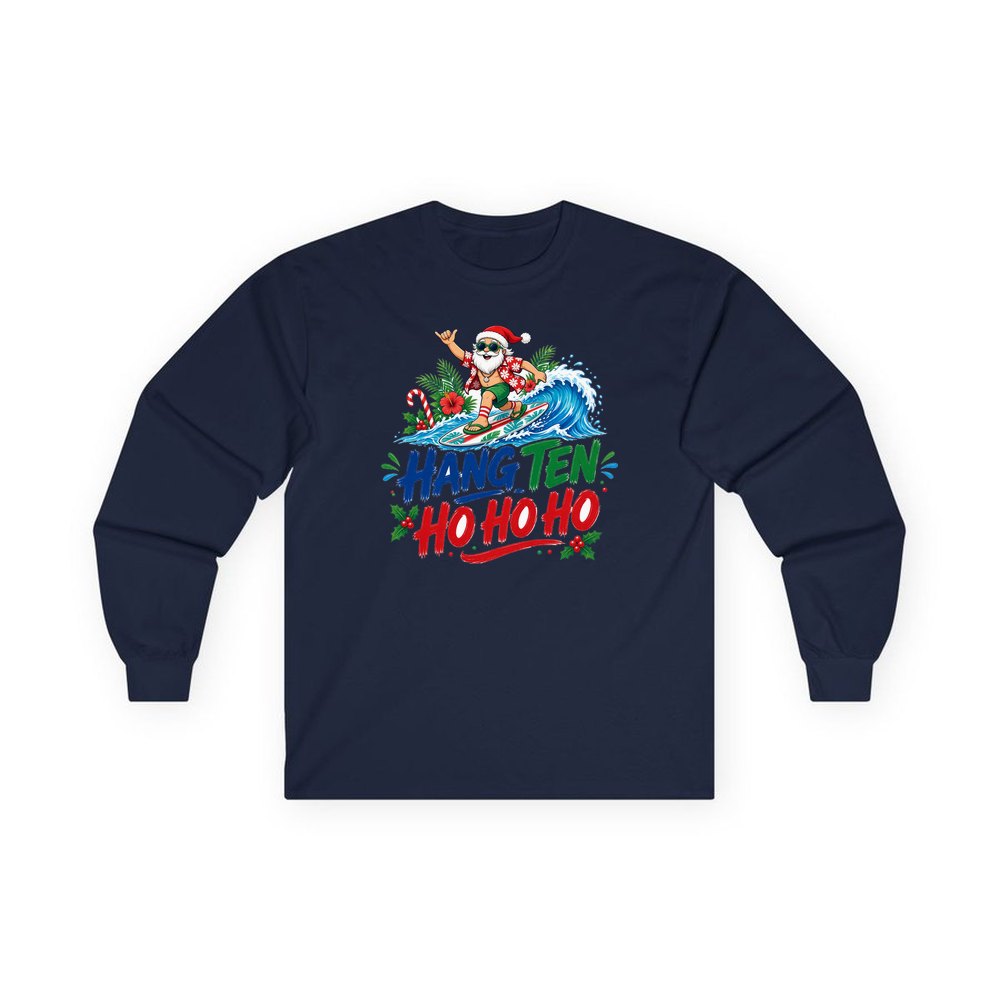 Surfing Santa Ho Ho Ho personalised long sleeve Christmas T-shirt in navy