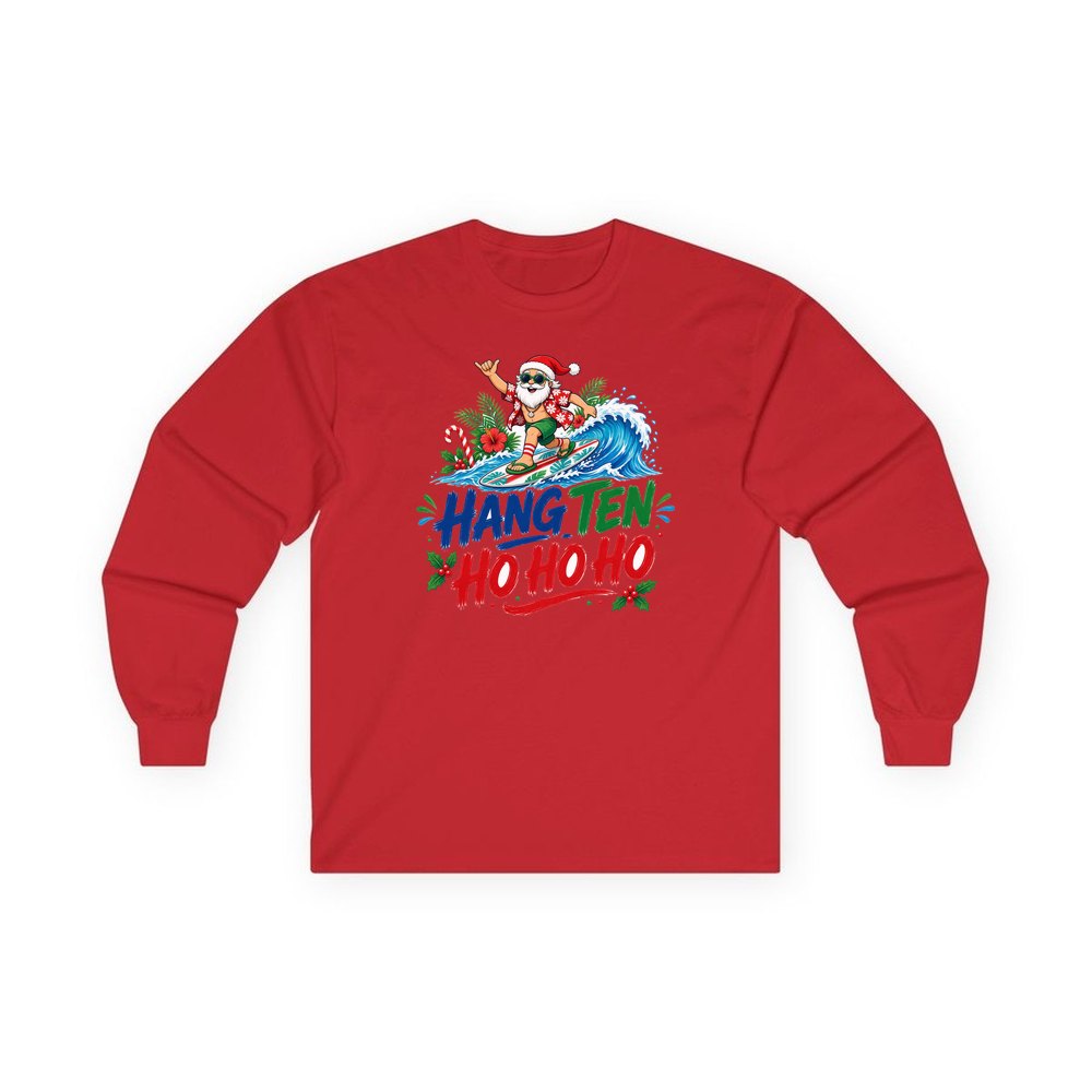 Surfing Santa Ho Ho Ho personalised long sleeve Christmas T-shirt in red