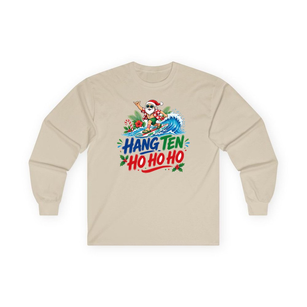 Surfing Santa Ho Ho Ho personalised long sleeve Christmas T-shirt in sand