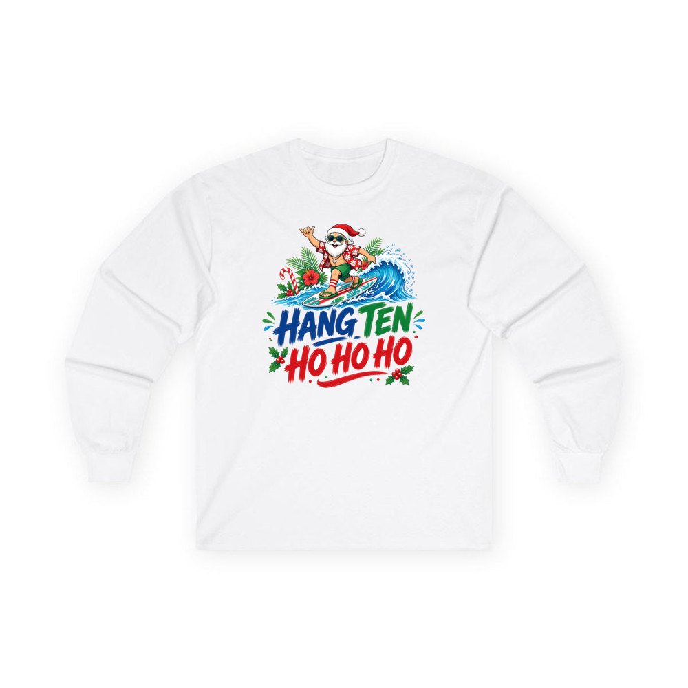 Surfing Santa Ho Ho Ho personalised long sleeve Christmas T-shirt in white