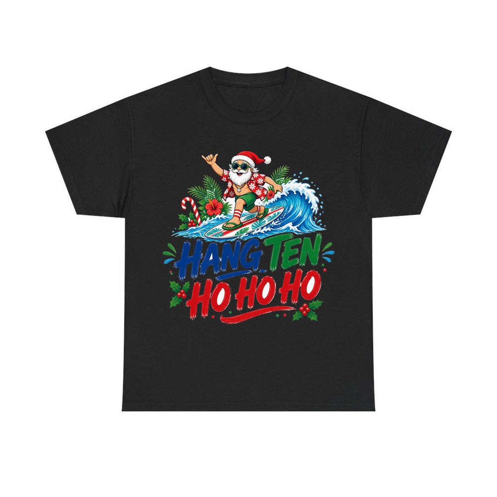 Surfing Santa Ho Ho Ho personalised Christmas T-shirt in black