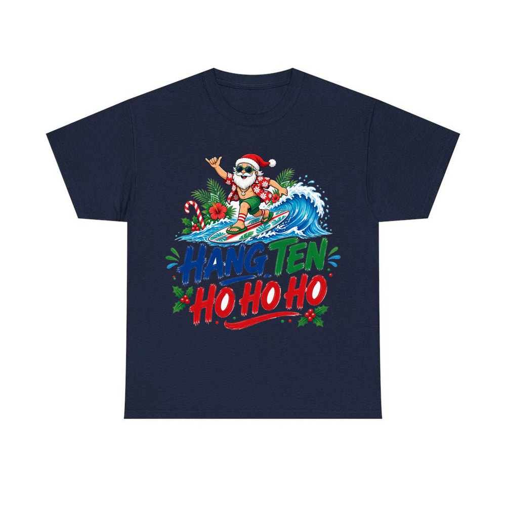 Surfing Santa Ho Ho Ho personalised Christmas T-shirt in navy