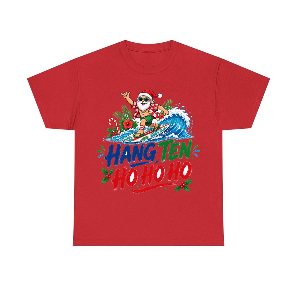 Surfing Santa Ho Ho Ho personalised Christmas T-shirt in red