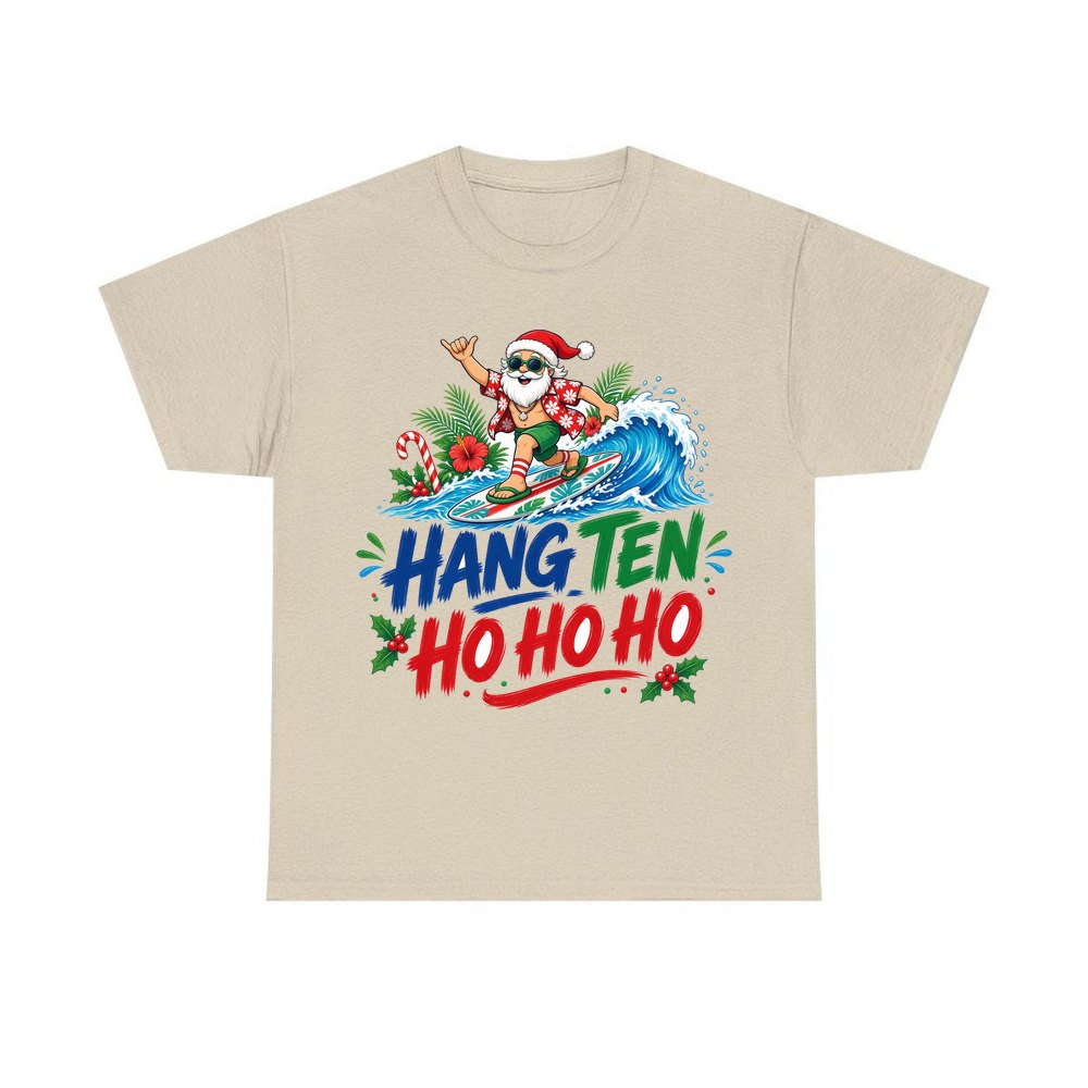 Surfing Santa Ho Ho Ho personalised Christmas T-shirt in sand