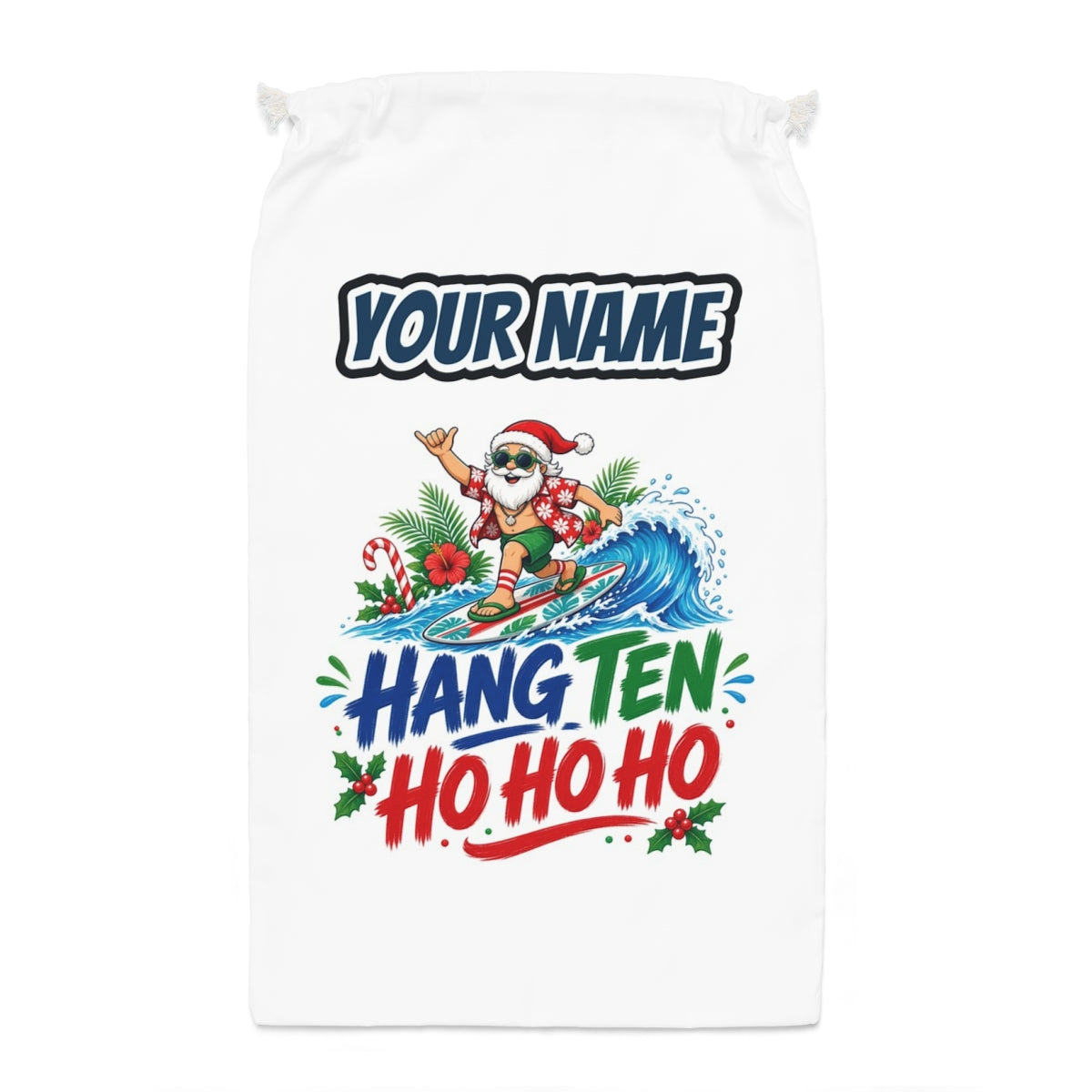 Surfing Santa Ho Ho Ho Santa sack laid flat, showing the full print