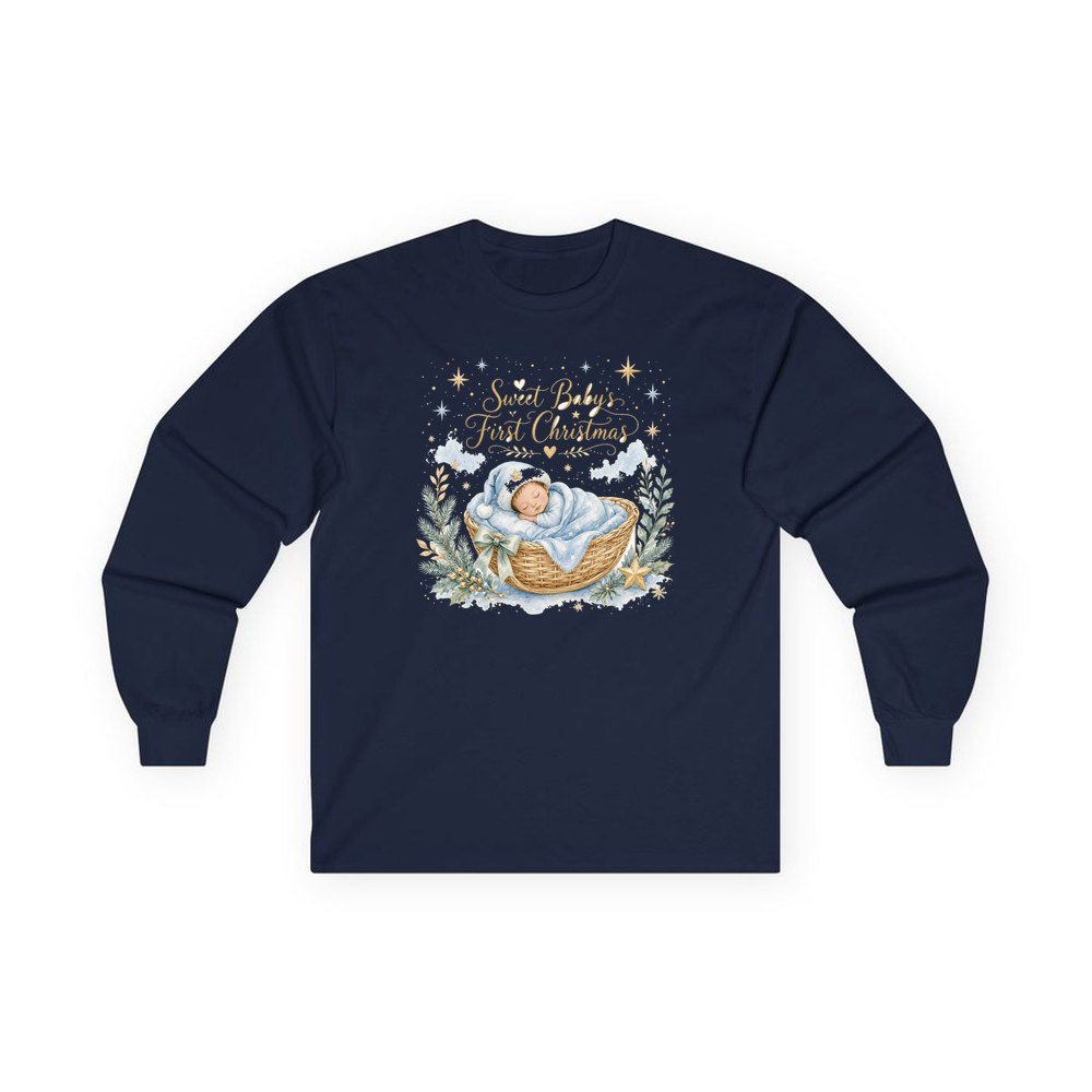 Sweet Baby's First Christmas personalised long sleeve Christmas T-shirt in navy