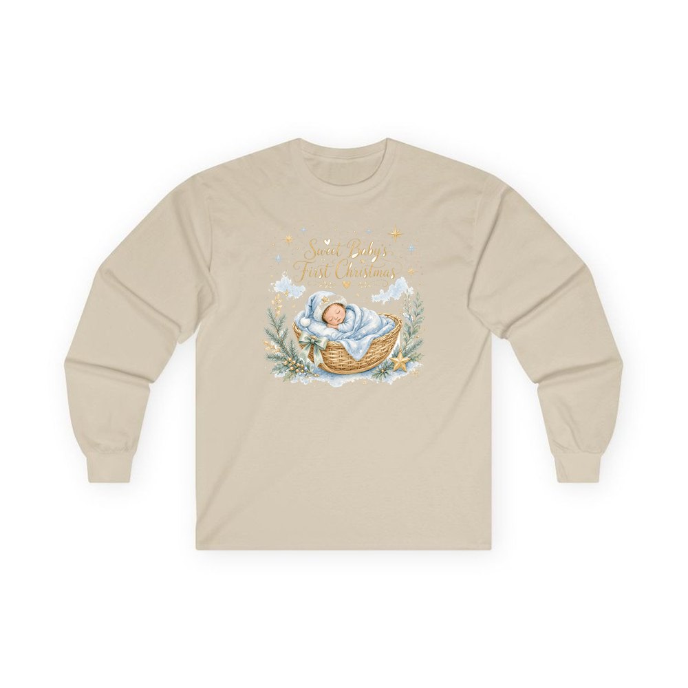 Sweet Baby's First Christmas personalised long sleeve Christmas T-shirt in sand