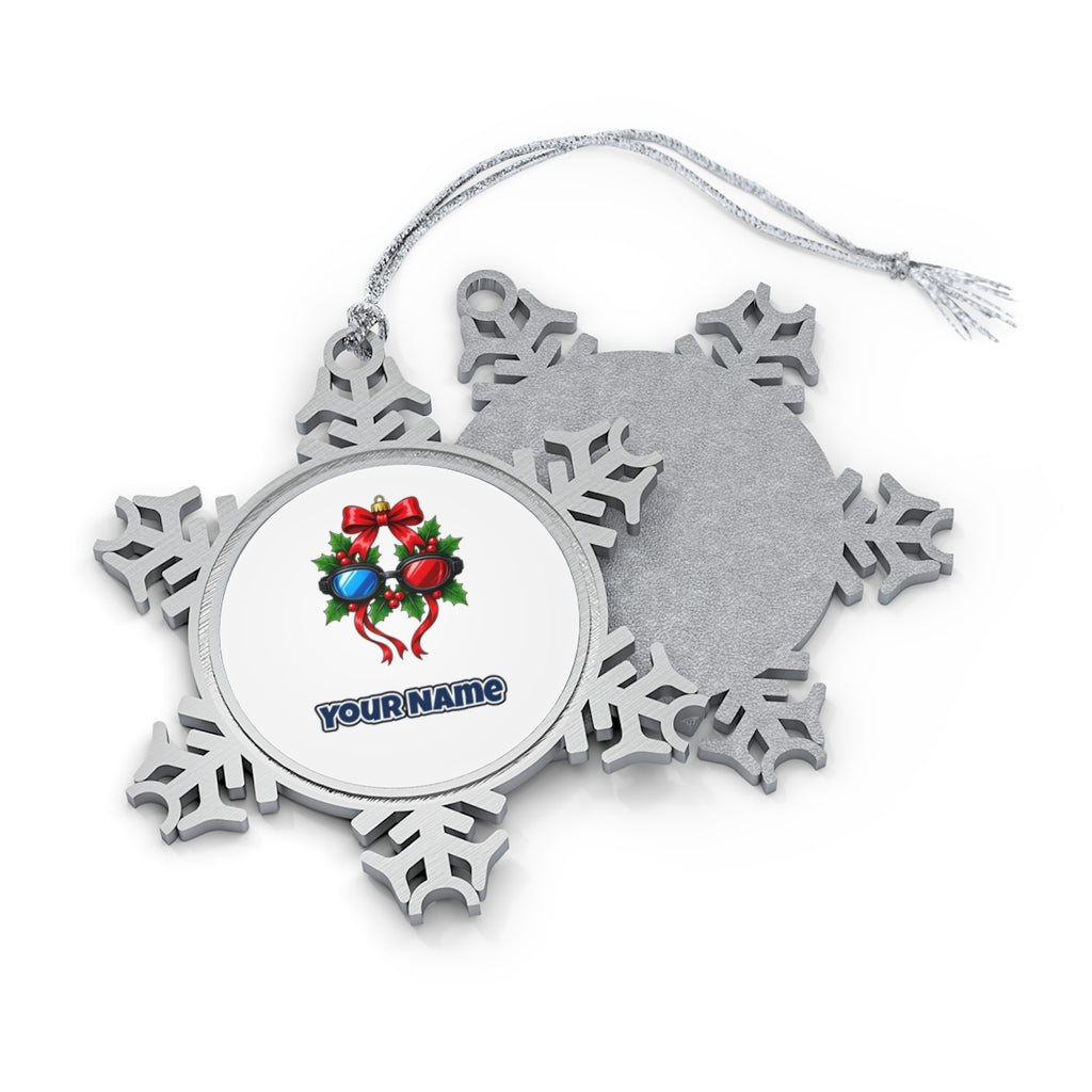 Swimming Goggles Wreath personalised pewter snowflake Christmas ornament, front and back, with a name under the design